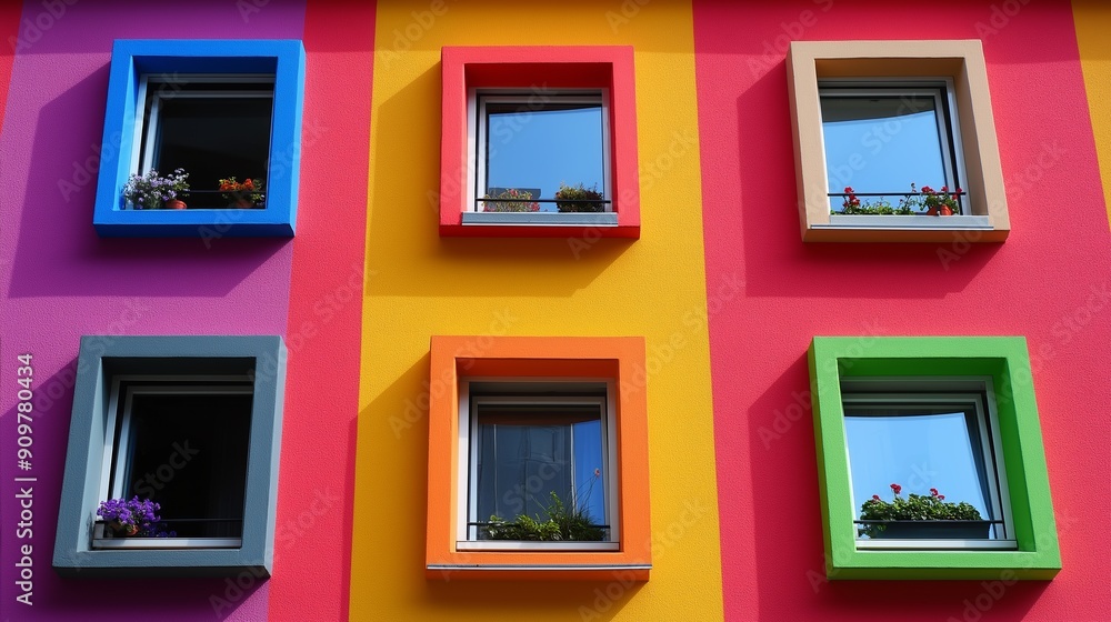 Aufkleber a colorful building with many windows, each with a different color. the windows are decorated with p