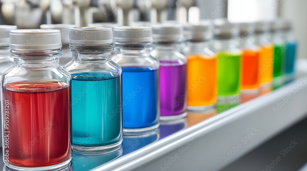 Aufkleber a row of colorful bottles with different colored liquids inside. the bottles are lined up next to ea