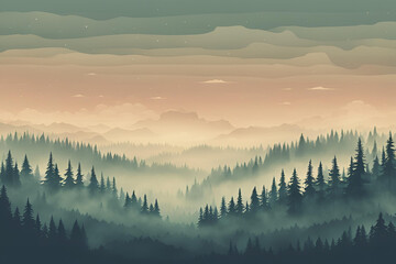 Misty landscape with fir forest in hipster vintage retro style