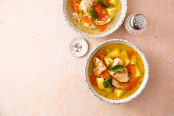 Homemade salmon soup with vegetables