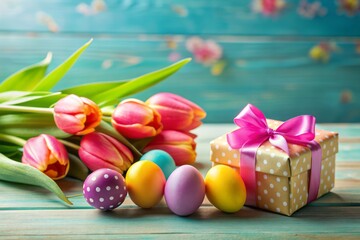 Vibrant Easter composition featuring decorated eggs, gift box, and tulip on a bright background, perfect for adding personalized holiday messages in the ample copy space.