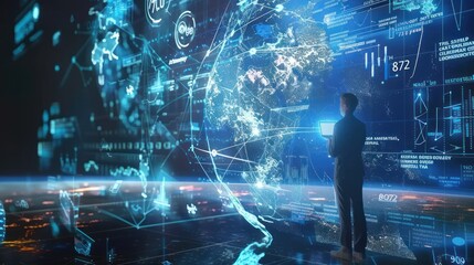 Businessman analyzing data visualized on a futuristic digital interface, representing global network