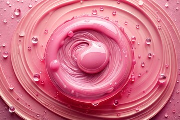 Vibrant pink background showcases a circular droplet of peeling gel cosmetics test sample, featuring a swirling pattern of removed skin cells and residue.