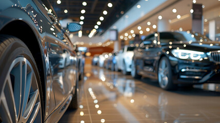 Vibrant lineup of car in various colors with blurred background in auto showroom. Modern vehicle diversity. Auto dealership. Car insurance service.