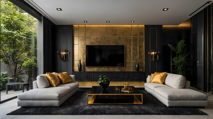 Bright Living Room with royal black Walls and light brown Corner Sofa