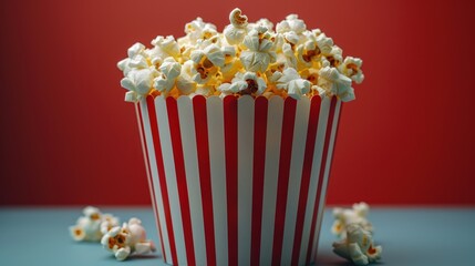 Scattered popcorn from paper striped bucket