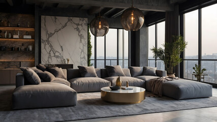 Stone Clad Walls and Corner Sofa bright moody beautiful interior Living Room