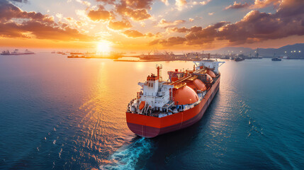 Aerial drone photo of a huge liquefied gas carrier with four storage tanks. Advanced liquefied gas carrier prioritizing environmental protection.
