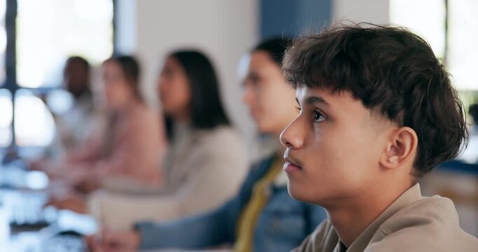 High school, education and classroom of students learning curriculum for exam, assignment or project. People, academy and group of teenagers in tutor session to boost grades, gpa or pass for test.