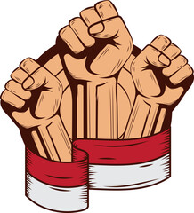 hands clenched into fists and holding the Indonesian red and white flag