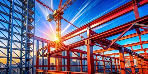 Vibrant red metal beams intersect against a brilliant blue crane, set amidst a modern construction site, as the sun rises behind a crystal-clear sky.
