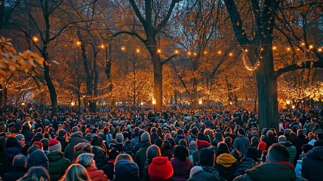 assemblage of individuals. Many people in the evening in the park during autumn.