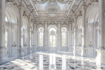 Fototapeta premium White Castle Interiors, Empty Victorian Hall, Luxury Hotel Lobby, Royal Villa, Copy Space