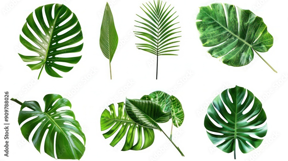 Poster assorted tropical green leaves with intricate patterns and textures, isolated on a transparent png b