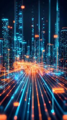 Fototapeta premium Futuristic Illuminated Smart City with Advanced 5G 6G Wireless Network and Cloud Computing Technology