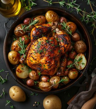 Roast chicken, potatoes, thyme, olive oil, appetizing and fresh