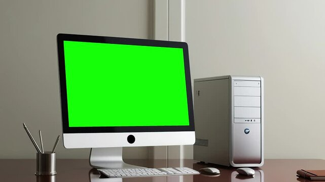Computer with mock green screen chroma key standing on workroom desk
