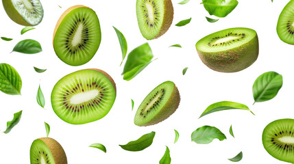 Fototapeta premium kiwi fruit with half slices and green leaves isolated on transparent white background, clipping path