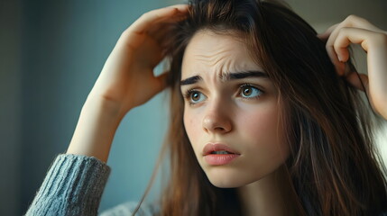 Fototapeta premium Emotional Gesture Portrait Young Woman Expressing Anxiety Concern Worry Stressed Thinking Hair Touching Vulnerable Facial Expression
