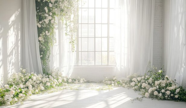 A wedding inspired backdrop with white curtains and windows on the background, flowers on the side, photoshoot, greenery eco-friendly photography
