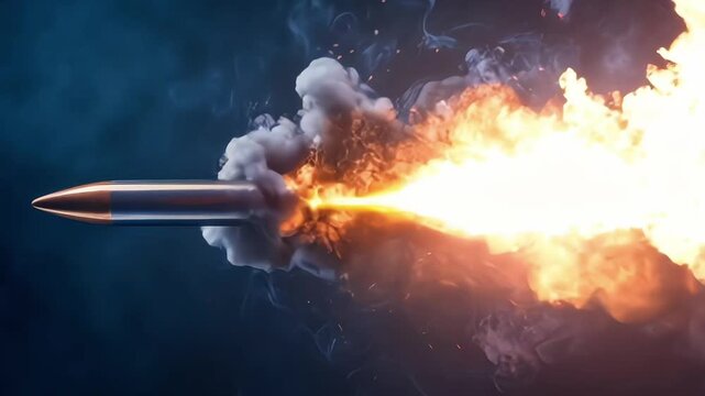 Flying bullet with air trail on dark background
