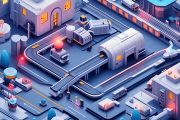 Futuristic cityscape with automated transport system.