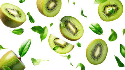 Fototapeta premium kiwi fruit with half slices and green leaves isolated on transparent white background, clipping path