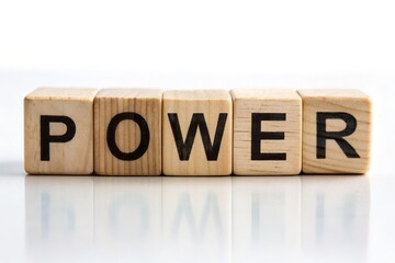 A small wooden cube with a bold, black font displaying the empowering word "POWER" in all capital letters, isolated on a clean white background.