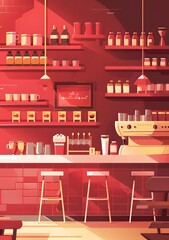 Red Cafe Interior Illustration With Countertop And Stools