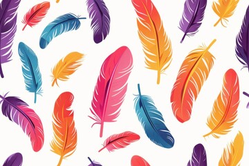 Vibrant seamless pattern of colorful feathers on white background. Fabric design. 