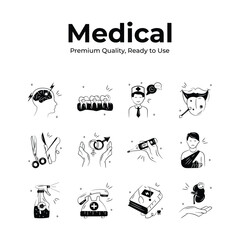 Medical icons set depicting mental health, patient care, surgery, and medical communication tools.