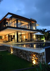 Obraz premium Modern Luxury Villa with Swimming Pool and Stone Walls