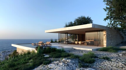 Obraz premium Modern Minimalist Villa with Infinity Pool Overlooking the Ocean