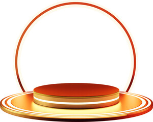 Abstract neon circular podium with orange top and gold base, encircled by glowing ring, isolated on transparent background. 3D model. Sales ad, product template, social media post design, invitation