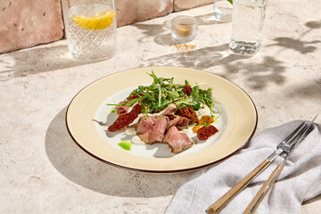 Gourmet Roast Beef with Arugula, Sun-Dried Tomatoes, and Cheese Mousse in Natural Sunlight Still Life