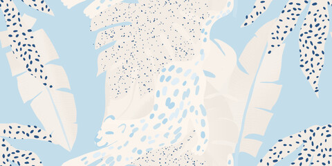 Bright artistic abstract botanical print with leopard. Bohemian style contemporary seamless pattern. Hand drawn unique print. © MURRIRA