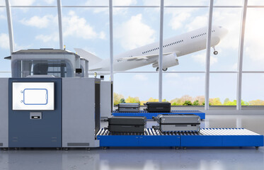 Luggage scanner machine is scanning luggage in airport