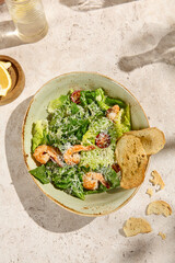 Elegant Still Life of Authentic Caesar Salad with Shrimp Under Sunlight and Natural Shadows