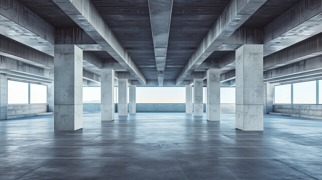 Abstract architecture design of modern building. Empty parking area floor and concrete structure. 3D rendering background image for car scene