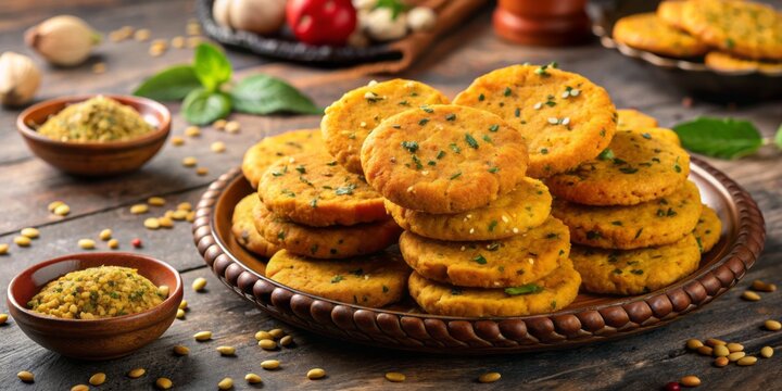 Golden crispy methi mathri, a savory Indian tea time snack, lies scattered on a surface, evoking the festive spirit of Diwali, with ample copy space.