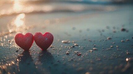 Fototapeta premium Two red hearts sitting on a sandy beach, great for Valentine's Day or romantic occasion