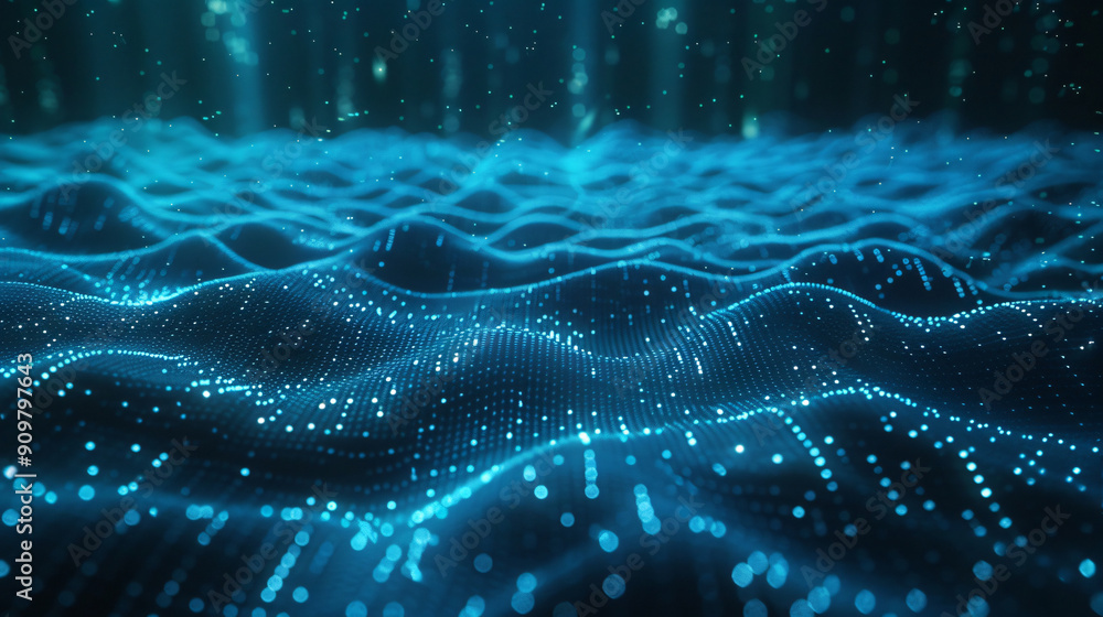 Poster an ocean of glowing blue digital waves, filled with sparkling particles, creating a mesmerizing and 