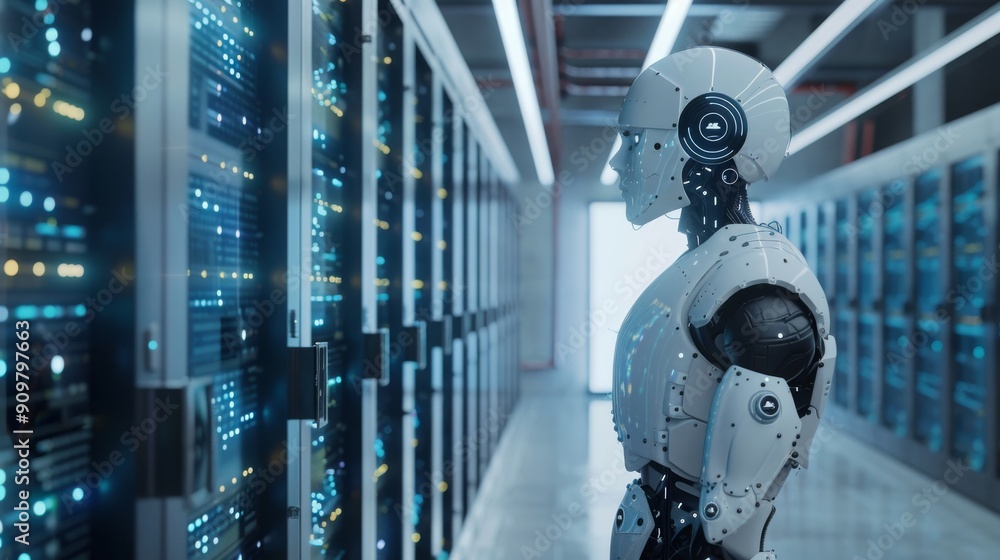 Aufkleber futuristic robot in a data center surrounded by server racks