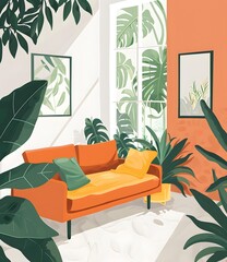 Modern Interior Design with Green Plants and Sofa