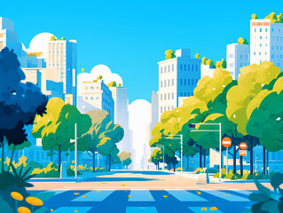 A vibrant city street illustration filled with lush trees and modern buildings under a bright blue sky, creating a lively urban atmosphere.