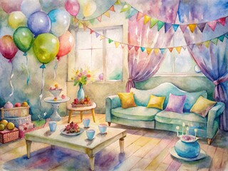 Cozy living room set with balloons, colorful streamers, and a decorated cake on a table, surrounded by gifts and party hats, conveying a joyful atmosphere.