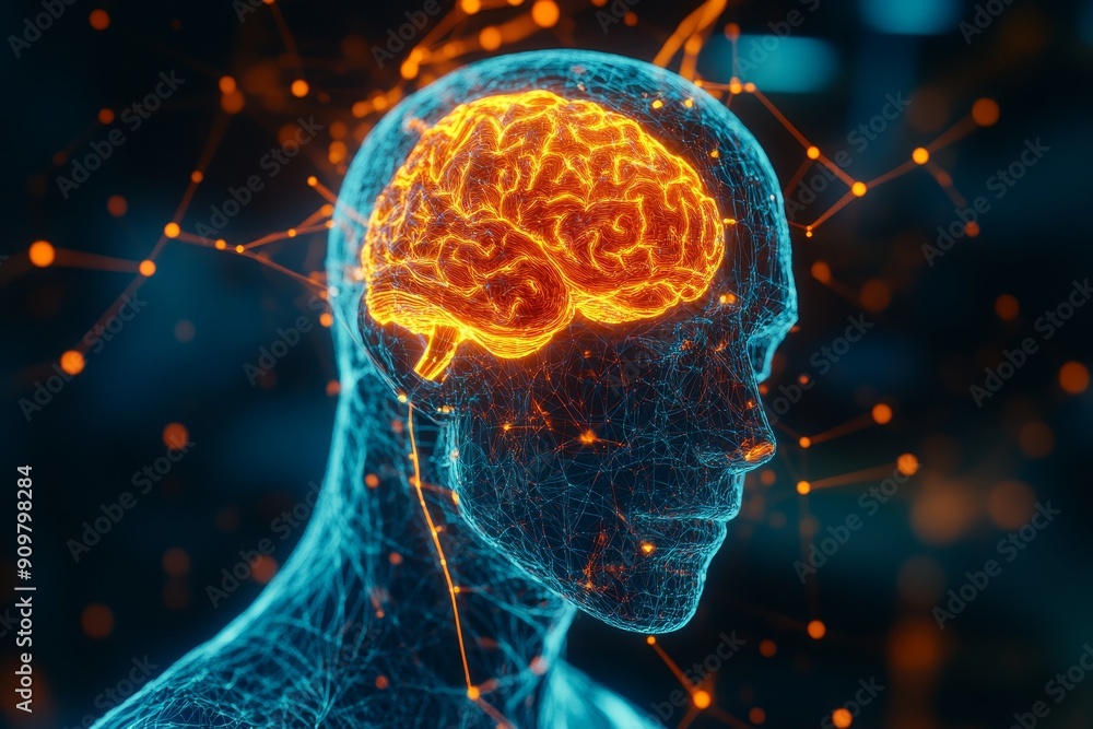 Poster hologram of human body with neural connections of brain and head plus organ structures on abstract b