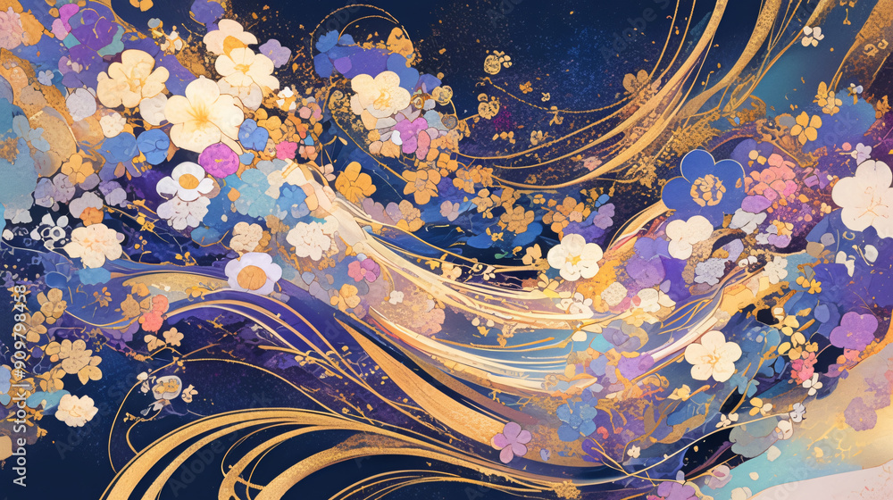 Poster a beautiful abstract design featuring flowing floral patterns in rich colors against a dark backgrou