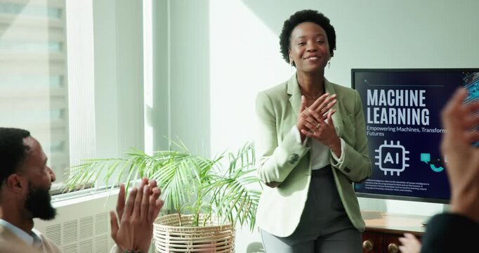 Conference, presentation and woman with applause in office for AI, development and success in proposal. IT, seminar and people with celebration for machine learning, achievement and business pitch