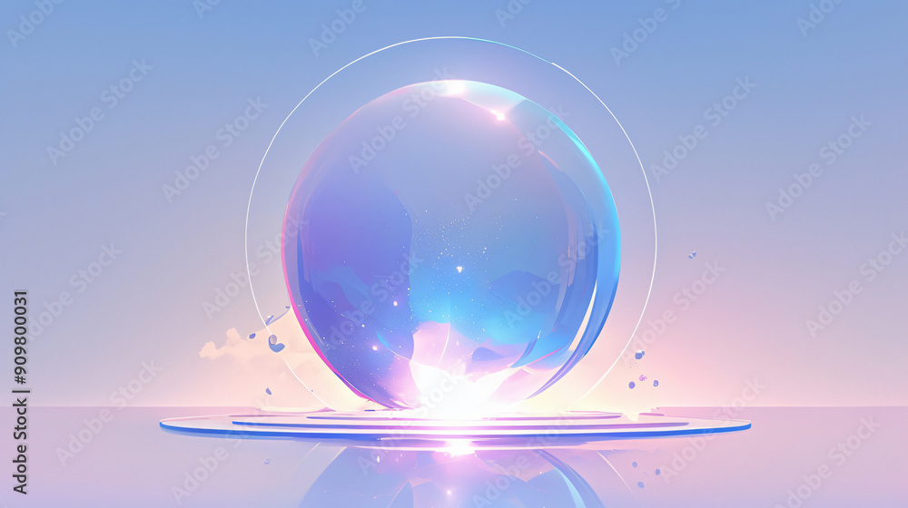 Poster a serene and glossy orb resting on a reflective surface under a soft pastel sky, creating a calming 